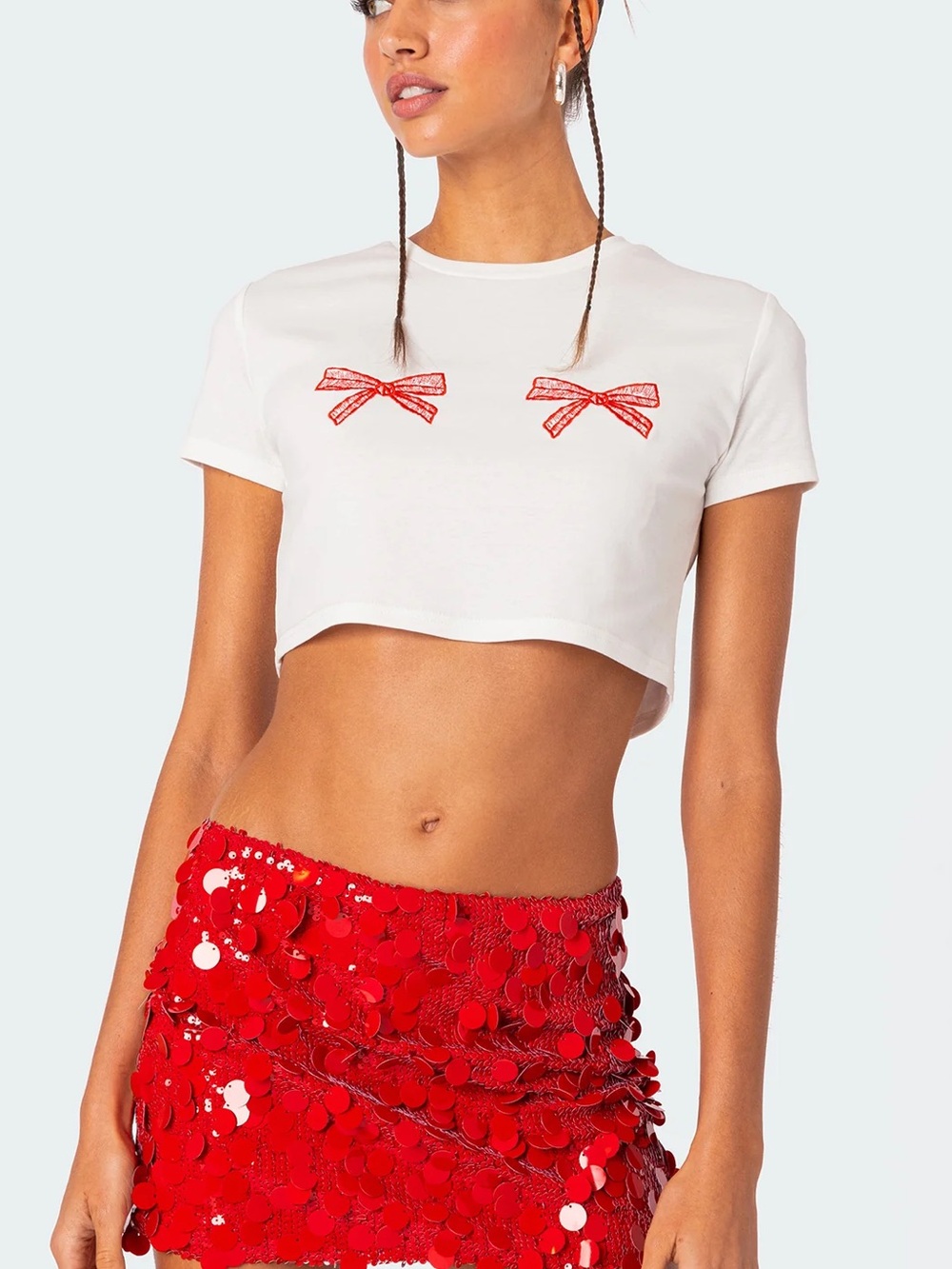 Edikted White Crop Tee with Red Bow Embroidery